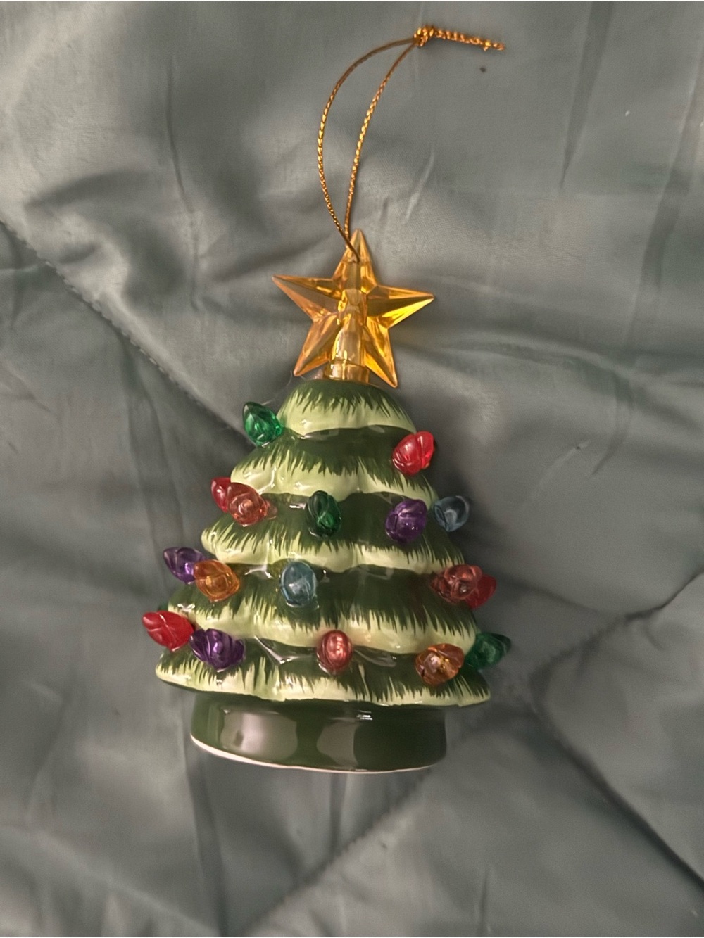 Green Ceramic Christmas Tree Ornament with Multicolor Bulbs and Gold Star
